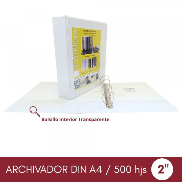 ARCHIVADOR CATALOGO A4 4 AROS 2.0 BLANCO 500 HOJAS
